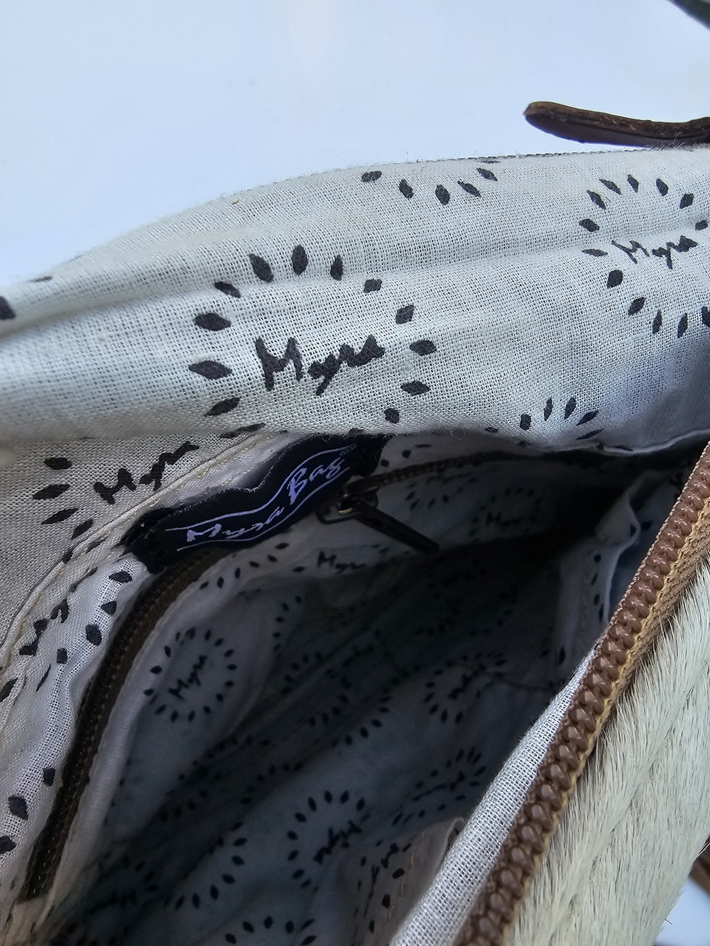 Myra Bag White & Brown Cowhide Fringe Crossbody with Tooled Leather Flap - Picture 5 of 5